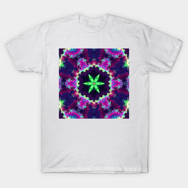 Psychedelic Kaleidoscope Purple Pink and Green T-Shirt by WormholeOrbital
